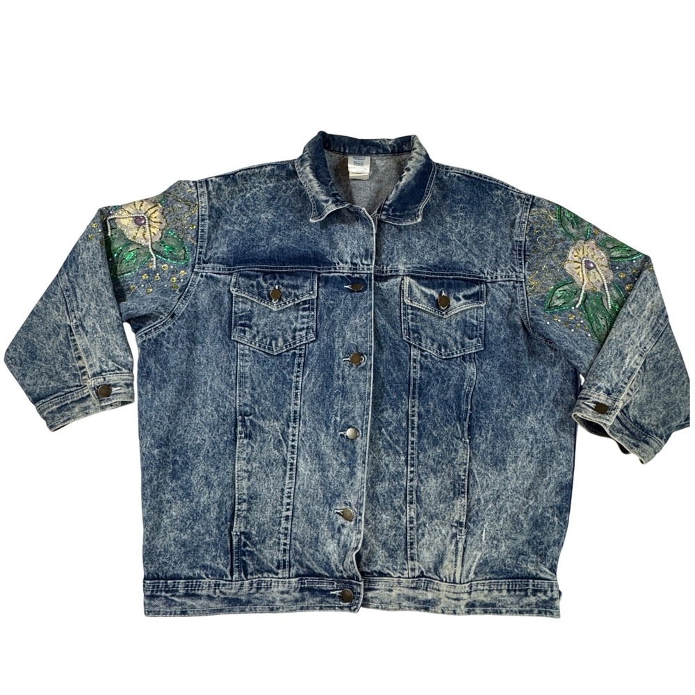 Vintage Sears Acid Wash Denim Jacket Hand Painted Floral Beaded XL Whimsical